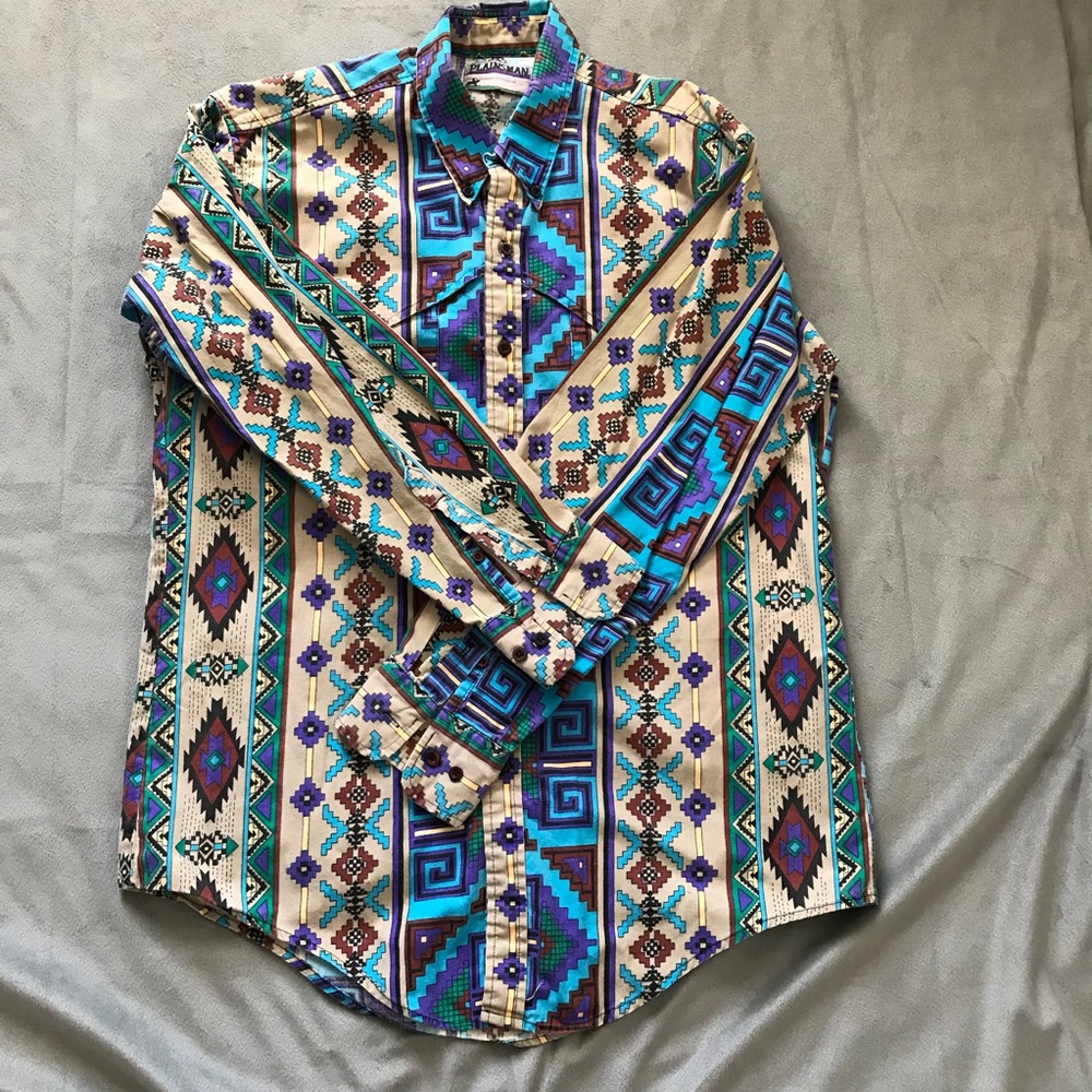 Men's Geometric Pattern Button-Down Shirt - Blue and Cream